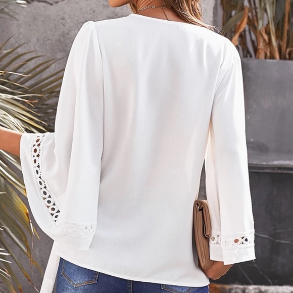 NEW White Crochet Sleeve Side Tie Overlap Blouse - Picture 6 of 6